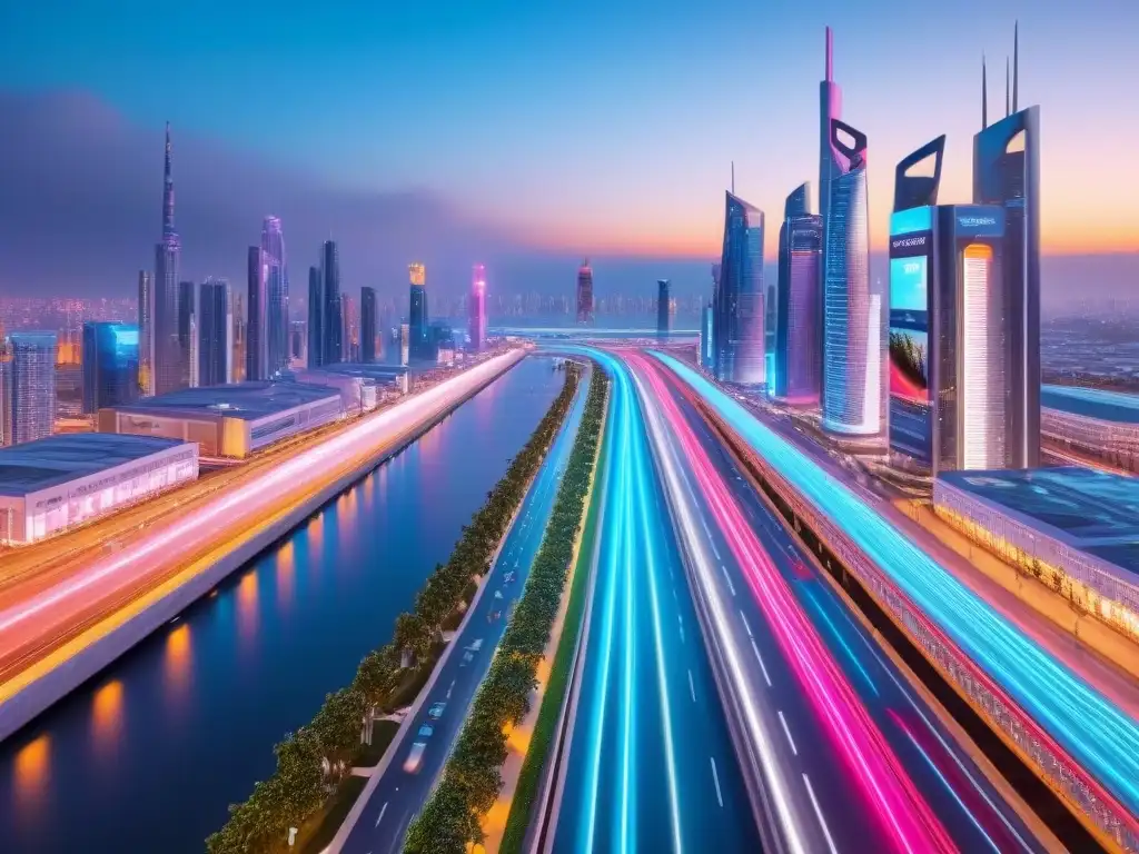 Smart city futurista: skyline 8k con IoT y luces neón Una ciudad futurista con IoT en inversión inmobiliaria éxito IoT