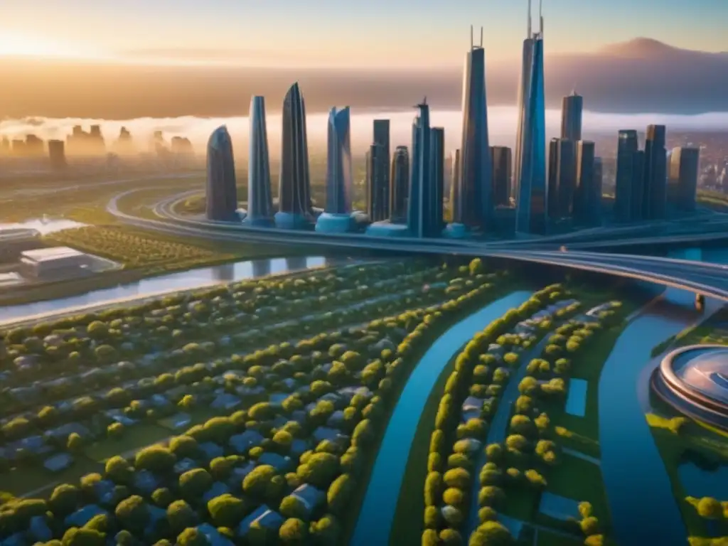 Horizonte urbano futurista en 8k: ciudad sostenible en Norteamérica Una ciudad futurista en Norteamérica con inversiones inmobiliarias innovadoras y diseño sostenible