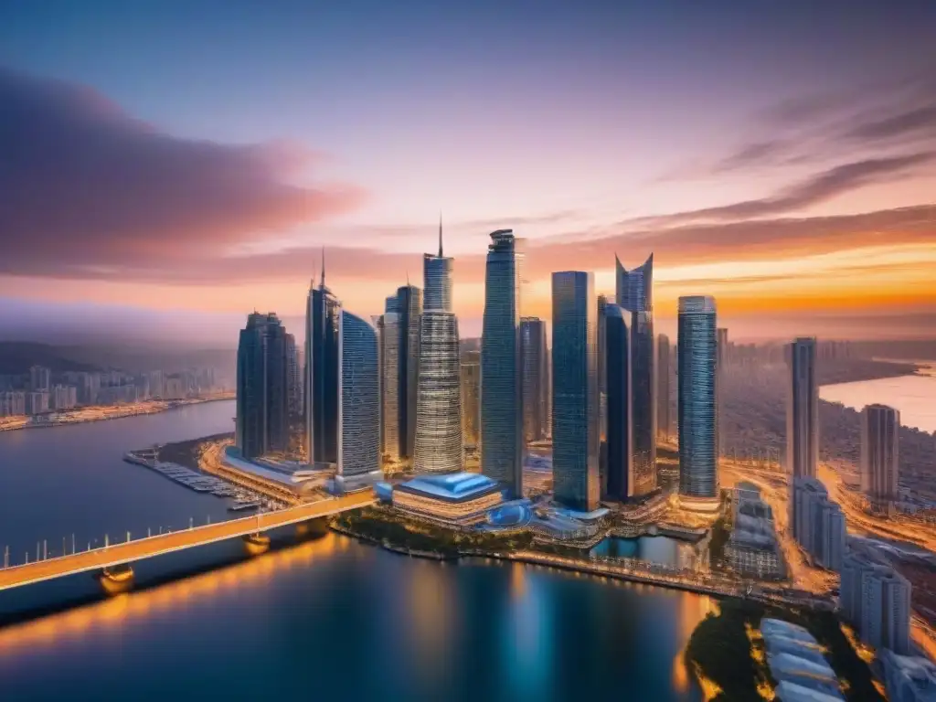 Elegante ciudad futurista al atardecer: modernidad y sofisticación urbana Una ciudad futurista junto al agua, iluminada por un atardecer dorado