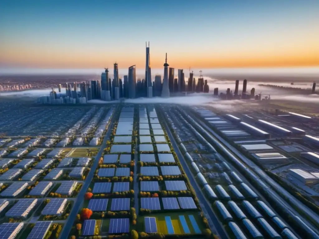 Metrópolis sostenible: skyline futurista con energía cero neto Una ciudad futurista llena de edificaciones Zero Net Energy internacional, con diseño sostenible y energía renovable