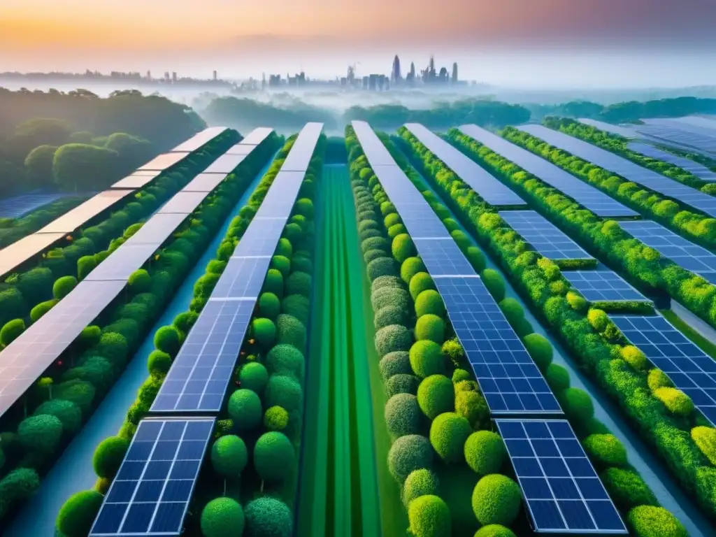Metrópolis futurista: diseño innovador y eficiente energéticamente Una ciudad futurista llena de edificios energéticamente eficientes, con paneles solares y techos verdes, rodeados de vegetación exuberante