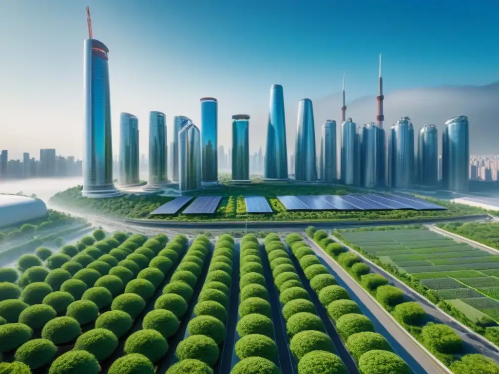 Metrópolis verde del futuro: rascacielos sostenibles en 8k Una ciudad futurista llena de rascacielos verdes sostenibles