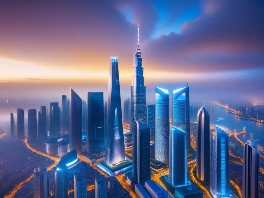 Inversión inmobiliaria global: ciudad futurista en mercado emergente Una ciudad futurista llena de rascacielos altos y tecnología avanzada en un mercado emergente, con hologramas de datos inmobiliarios