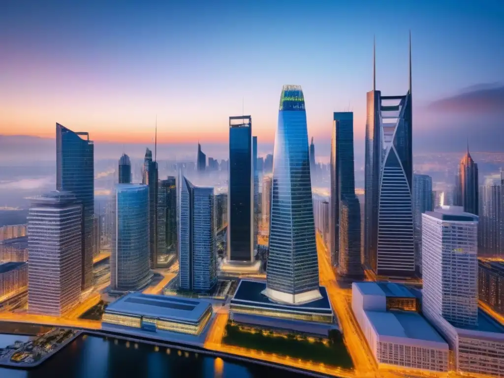 Inversores globales en cityscape futurista de REITs Una ciudad futurista llena de rascacielos que representan sectores inmobiliarios, inversores discutiendo beneficios de invertir en REITs