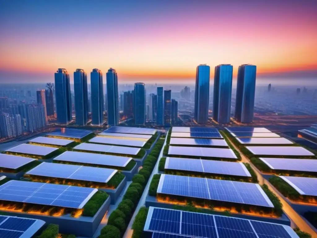 Cityscape futurista: energía sostenible y diseño innovador Una ciudad futurista llena de rascacielos eficientes energéticamente bajo un atardecer vibrante