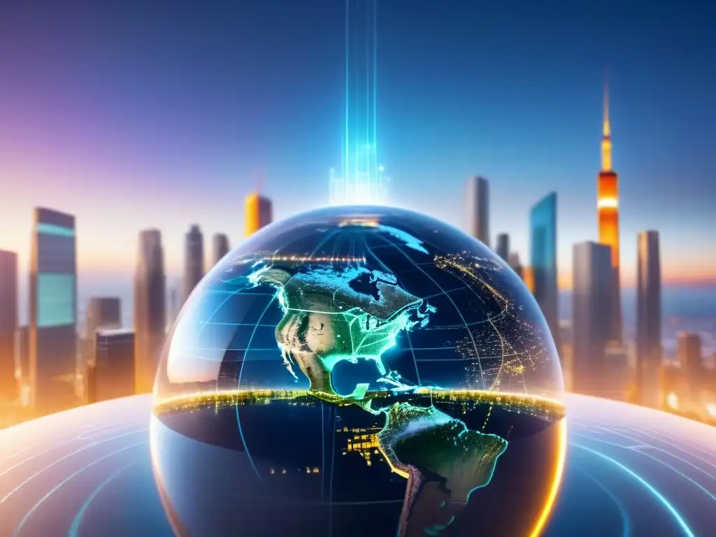 Skyline futurista con redes financieras globales Una ciudad futurista con mercados financieros globales conectados, representando la inversión inmobiliaria global mercado internacional