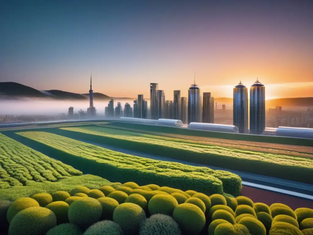 Horizonte futurista: ciudad innovadora bañada por la luz del atardecer Una ciudad futurista con modernos rascacielos al atardecer, reflejando la convivencia generacional