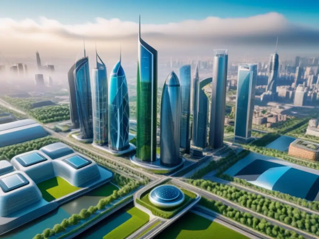 Metrópolis Futurista: Nanotecnología Sostenible en la Construcción Una ciudad futurista con nanotecnología en construcción internacional, edificios autosanantes y fachadas energéticas
