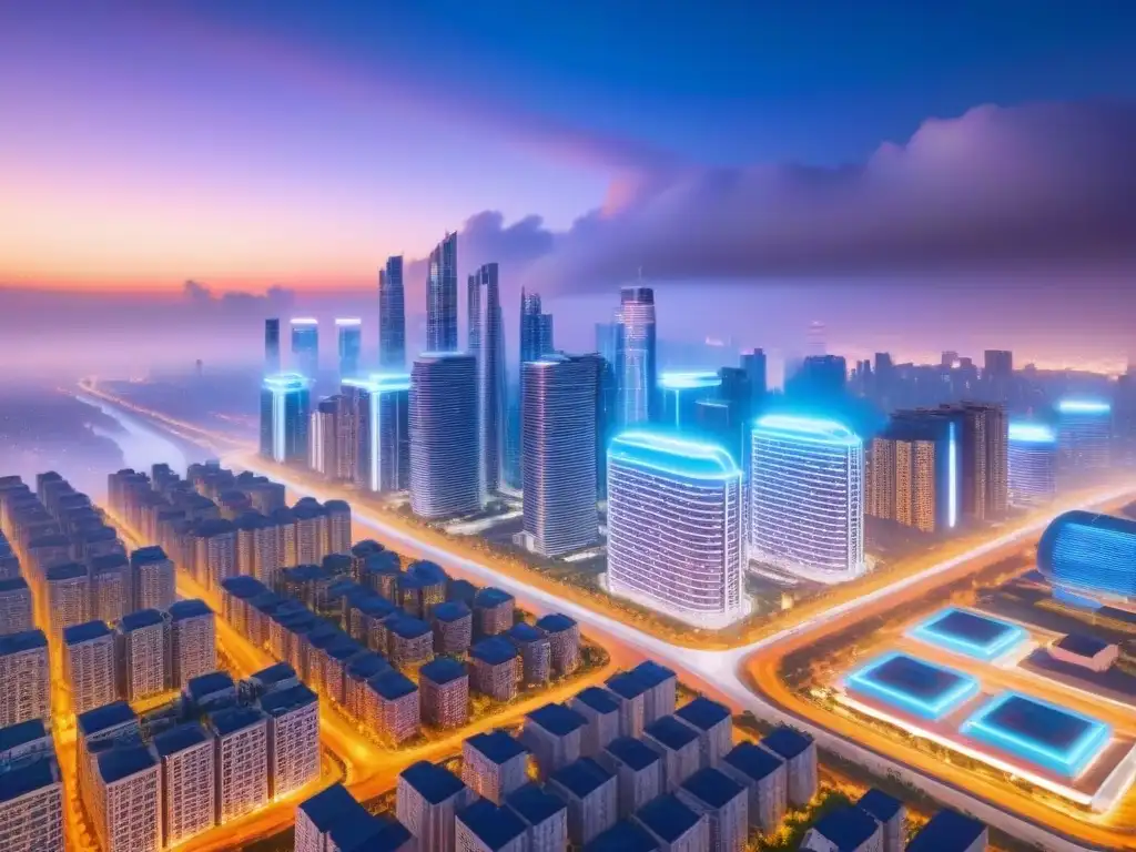 Ciudad futurista: real estate innovador y tecnología avanzada Una ciudad futurista de noche, brillante por luces de neón y hologramas de propiedades inmobiliarias innovadoras