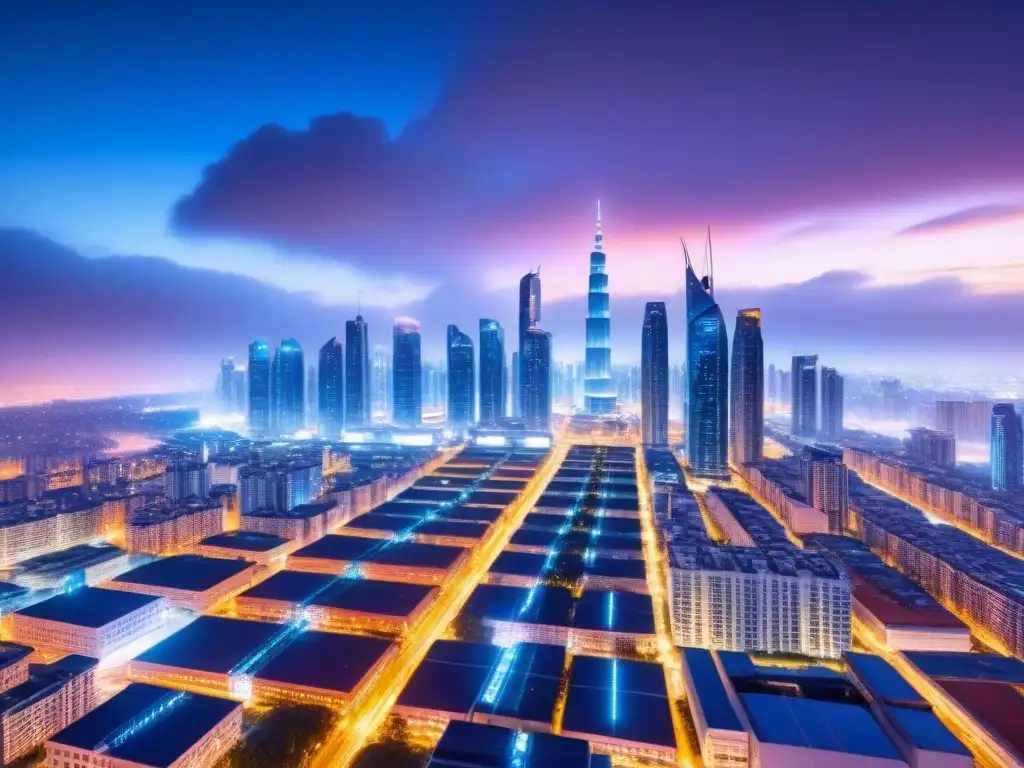 Innovación blockchain en real estate: ciudad futurista nocturna Una ciudad futurista de noche con edificios holográficos integrados, representando los beneficios blockchain para inversores inmobiliarios