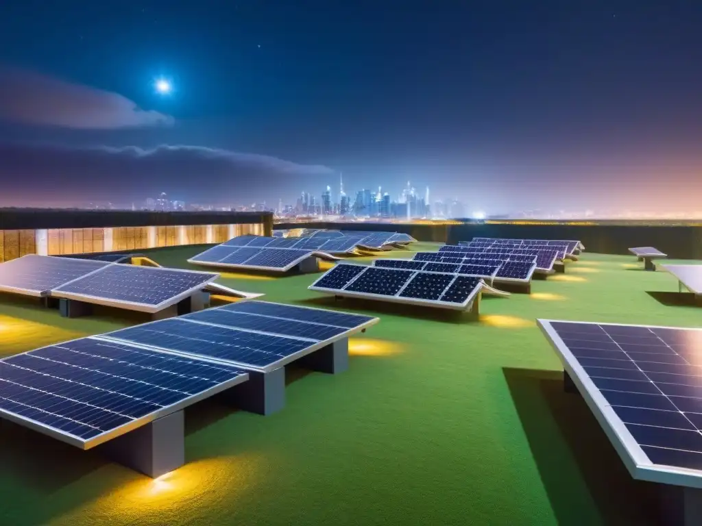 Metrópolis futurista: diseño energético innovador en la noche Una ciudad futurista de noche, con edificios eficientes energéticamente y luces sostenibles, bajo un cielo estrellado