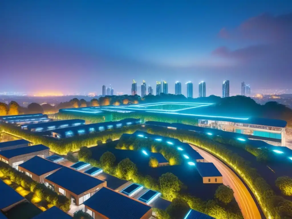 Metrópolis futurista: edificios ecoeficientes y tecnología verde Una ciudad futurista de noche con edificios eficientes en energía iluminados por luces de neón, reflejando tecnologías verdes avanzadas