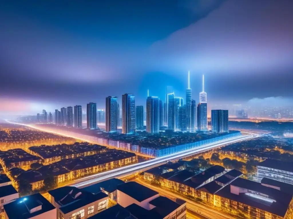 Metropolis del Futuro: Contratos Inteligentes en Bienes Raíces Una ciudad futurista de noche con edificios inteligentes interconectados iluminados con luces neón, drones transparentes y vehículos autónomos