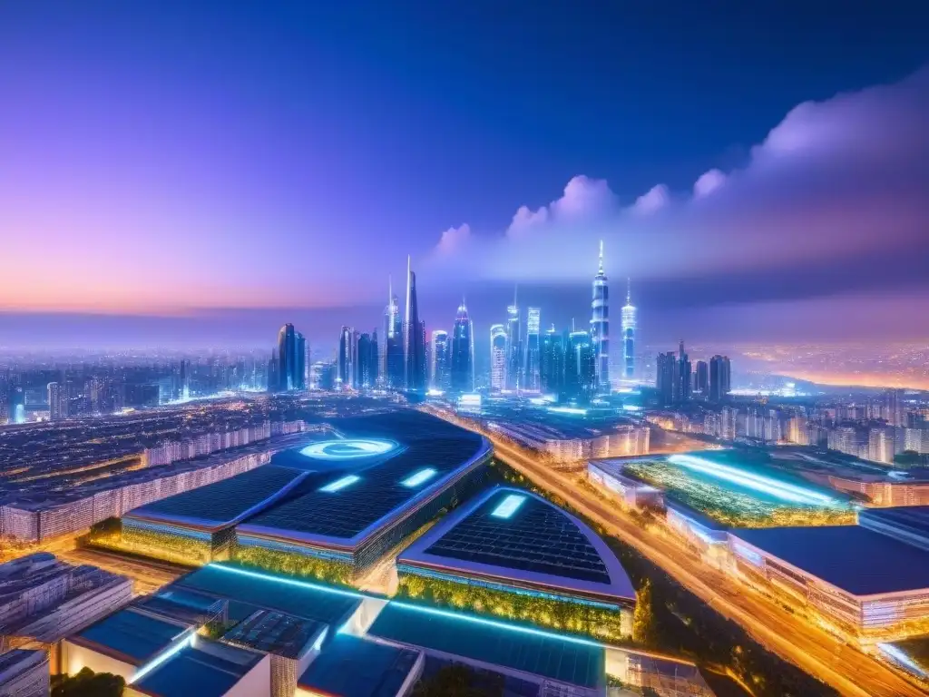 Metrópolis futurista: luces neón en la noche Una ciudad futurista de noche, iluminada por luces neón y pantallas digitales, mostrando tecnología en bienes raíces comerciales