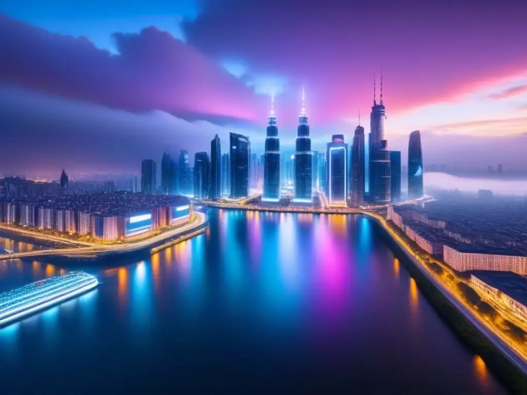Metrópolis futurista: luces neón en la noche Una ciudad futurista de noche con rascacielos iluminados por luces neón reflejándose en el río