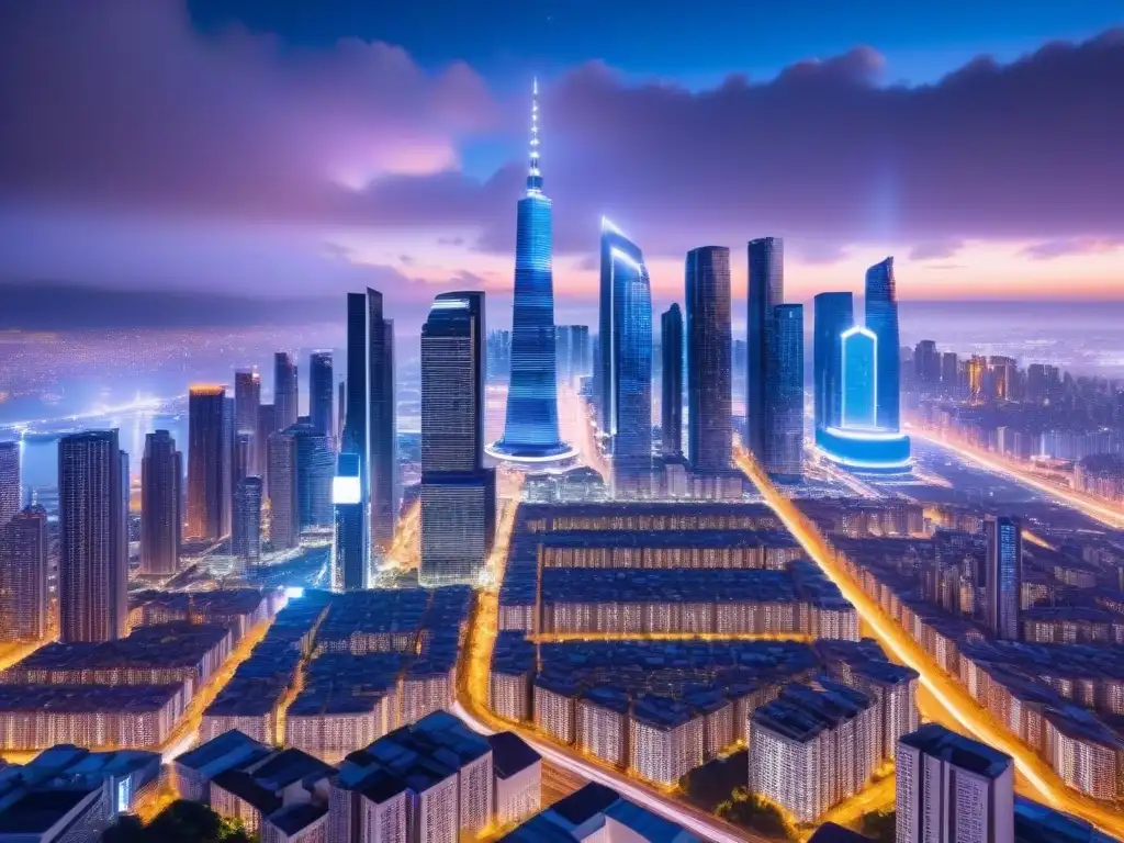 Metrópolis futurista: datos inmobiliarios en tiempo real y neones Una ciudad futurista de noche, con rascacielos iluminados por pantallas digitales y el resplandor neón de las calles