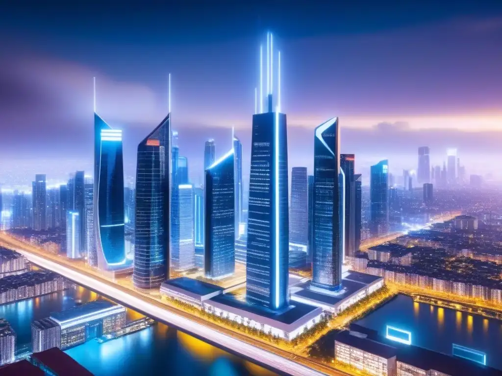 Ciudad futurista nocturna con ciberseguridad avanzada Una ciudad futurista de noche con rascacielos brillantes y sistemas de seguridad avanzados, rodeada de flujos de datos luminosos