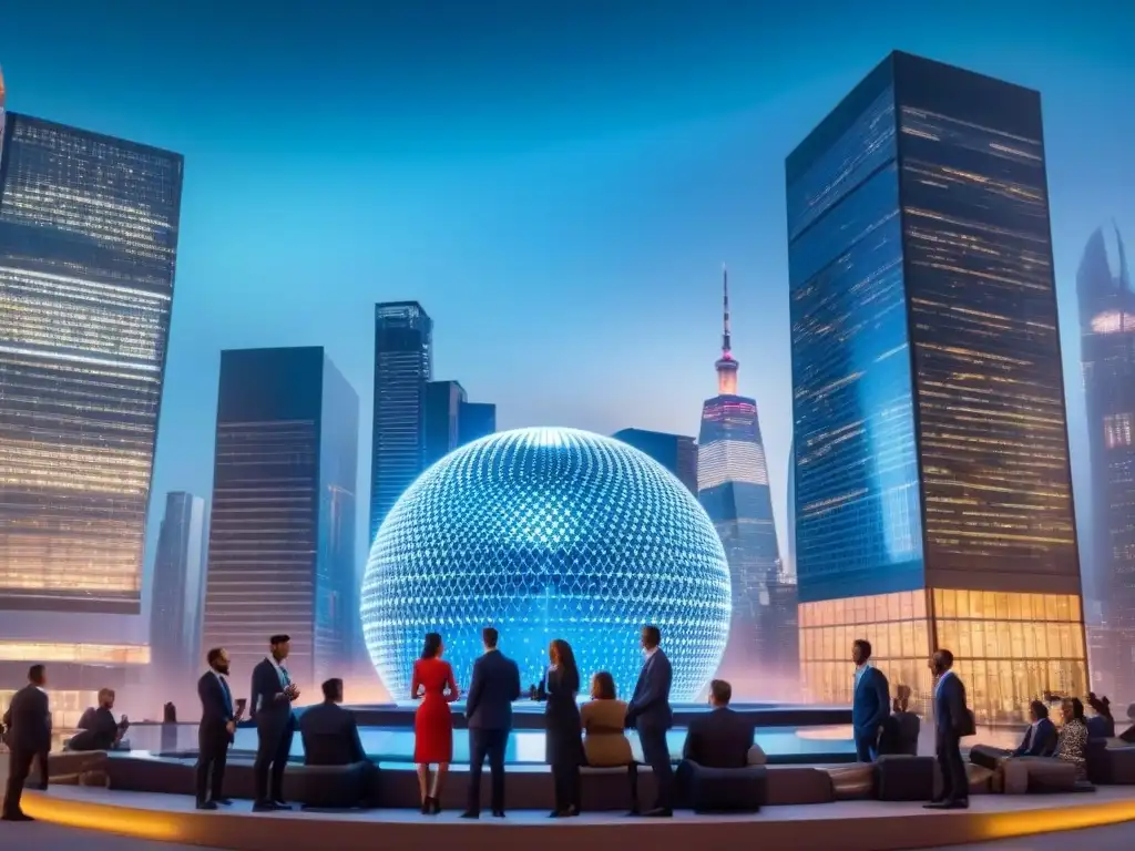 Metrópolis futurista: innovación global en gestión inmobiliaria Una ciudad futurista de noche con rascacielos iluminados y pantallas digitales avanzadas