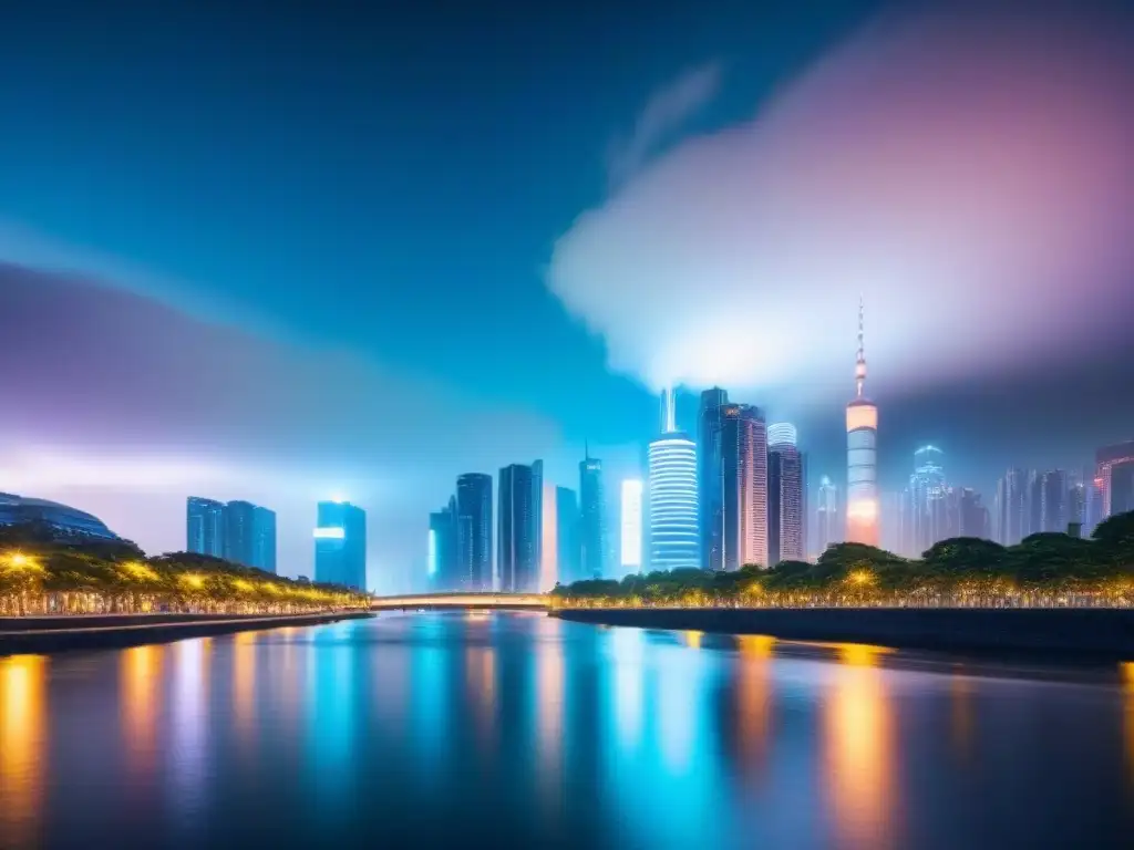 Metrópolis futurista: luces vibrantes en rascacielos modernos Una ciudad futurista de noche con rascacielos iluminados y un río, simbolizando innovación en análisis predictivo en inversión inmobiliaria