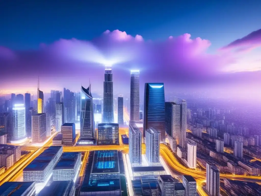 Metrópolis futurista: IA revoluciona el mercado inmobiliario Una ciudad futurista de noche con rascacielos iluminados, drones monitoreando la infraestructura