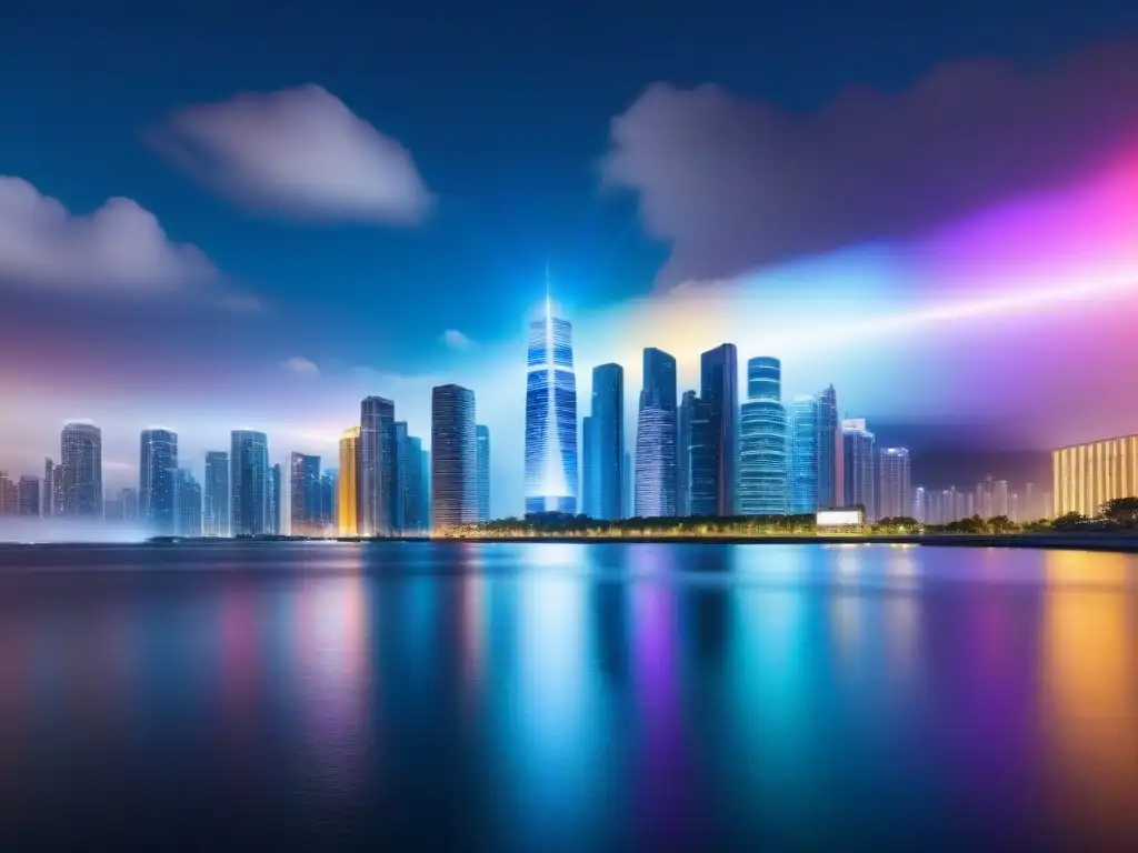 Metrópolis futurista: luces, datos y conectividad global Una ciudad futurista de noche, con rascacielos iluminados y líneas brillantes, reflejándose en el agua