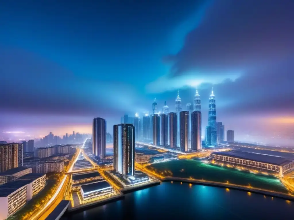 Metrópolis futurista: arquitectura moderna y tecnología avanzada Una ciudad futurista de noche, con rascacielos iluminados y tecnología avanzada