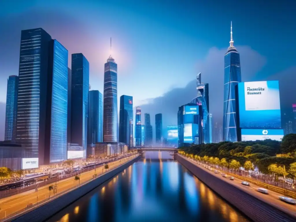Metrópolis futurista nocturna: marketing global inmobiliario innovador Una ciudad futurista de noche con rascacielos iluminados, transporte avanzado y vallas publicitarias digitales