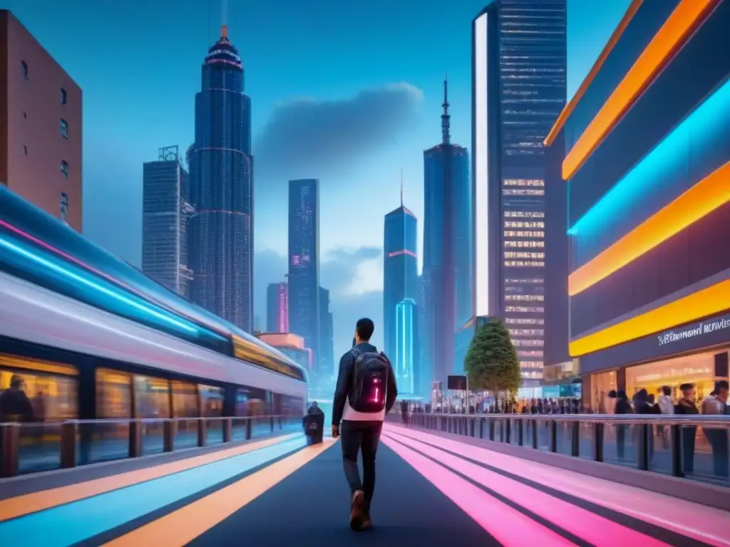 Metrópolis futurista: innovación y tecnología en ciudad inteligente Ciudad futurista de noche con rascacielos iluminados y transporte público eficiente, reflejando innovación y ciudades inteligentes inversión PropTech