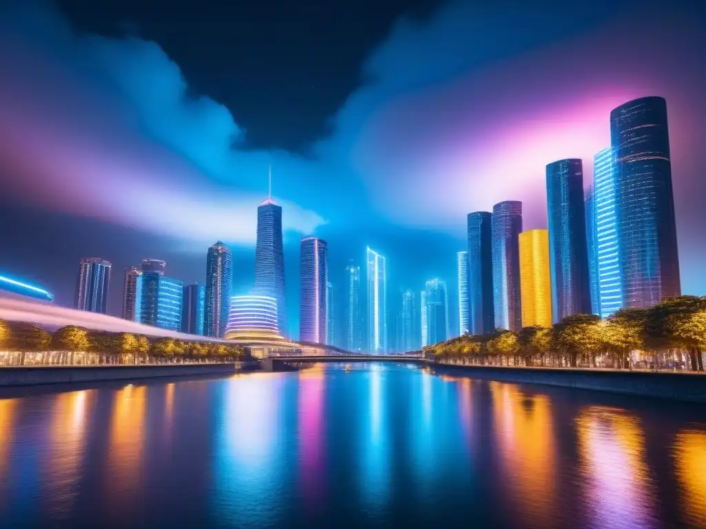 Metrópolis futurista: inversión inmobiliaria y criptomonedas Ciudad futurista de noche con rascacielos iluminados por luces de neón, reflejándose en un río tranquilo