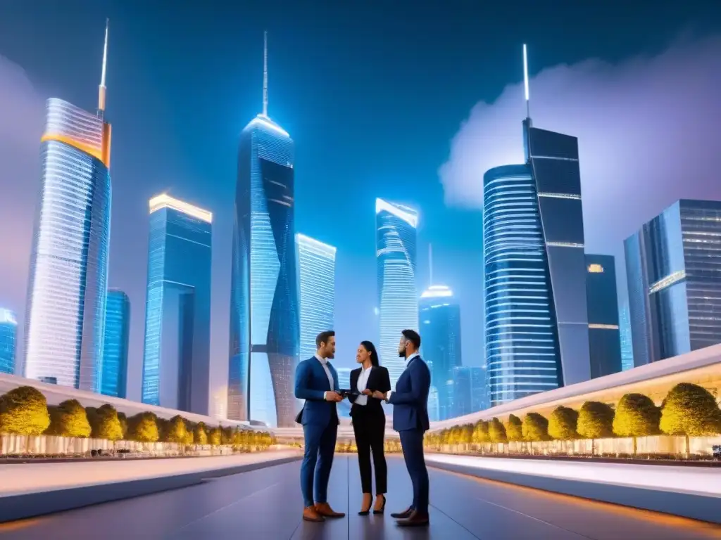 Innovación PropTech: Networking en la ciudad futurista Una ciudad futurista de noche con rascacielos iluminados por luces de neón, tecnología avanzada en fachadas y entregas por drones