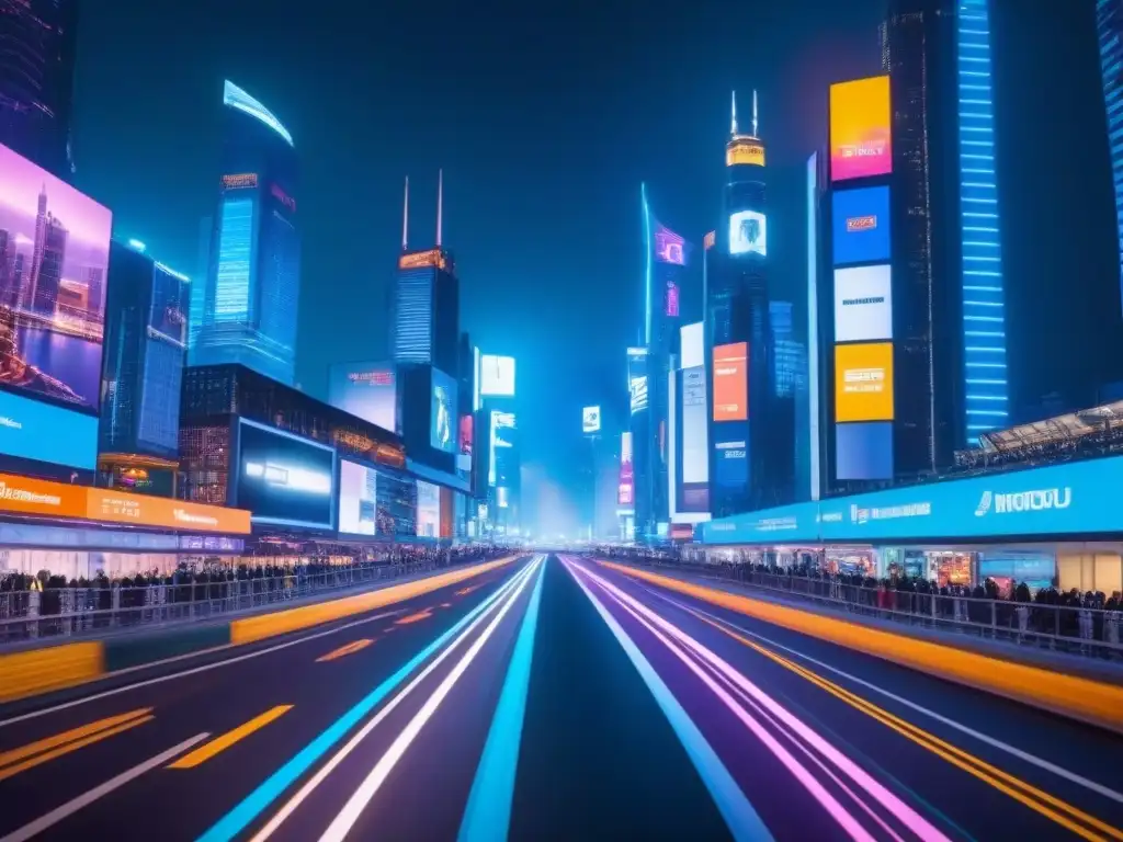 Metrópolis futurista: tecnología avanzada y economía global vibrante Una ciudad futurista de noche con rascacielos iluminados y tecnología avanzada, reflejando la vibrante economía global