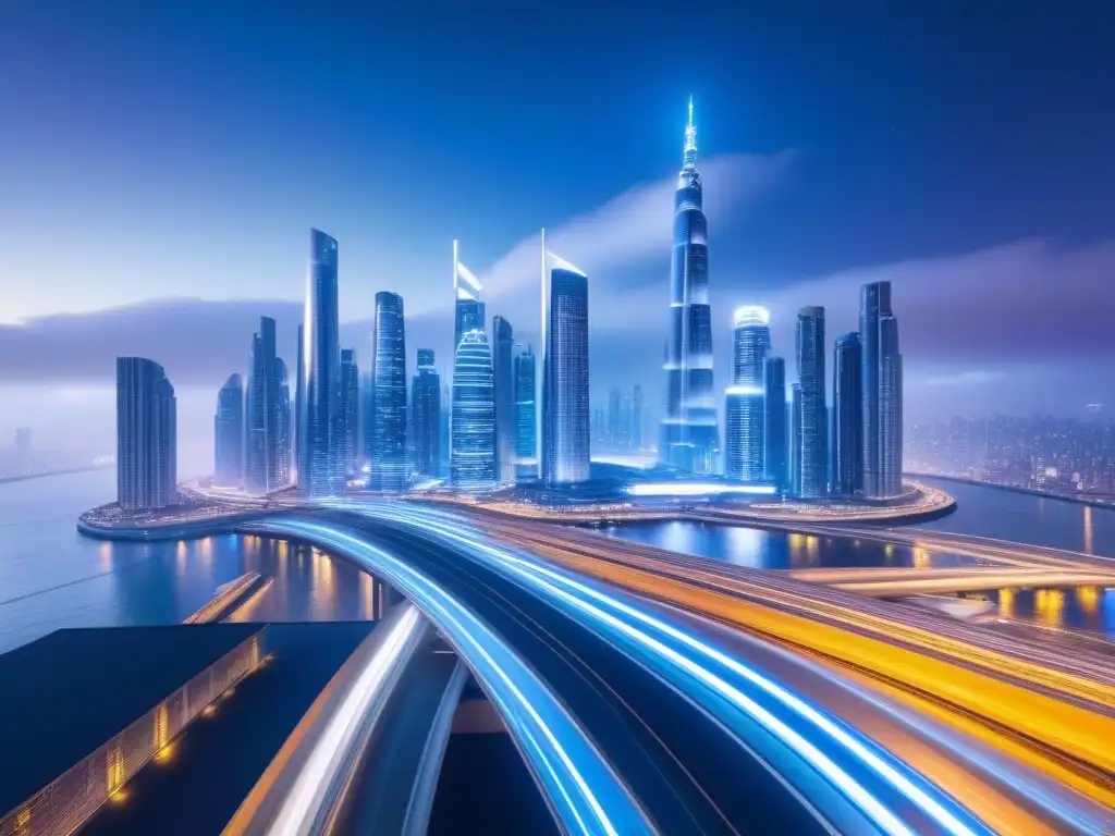 Futurista ciudad nocturna: rascacielos brillantes y luces LED vibrantes Una ciudad futurista de noche con rascacielos brillantes y luces LED vibrantes en las calles, transmitiendo innovación y sofisticación