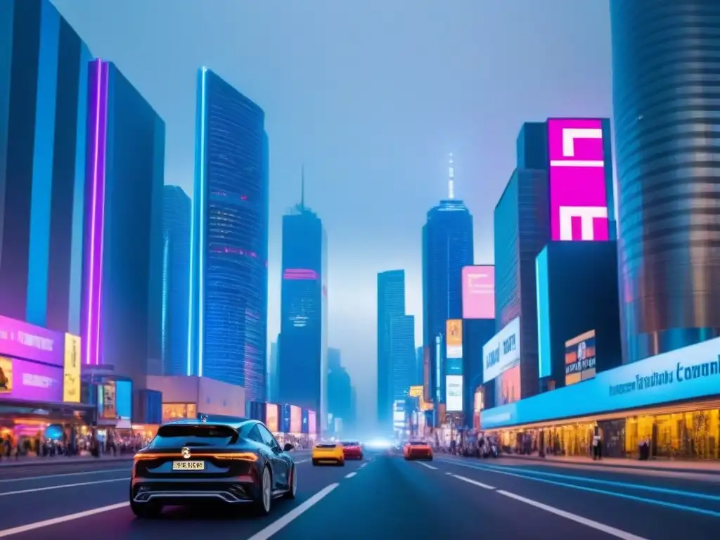 Inversión inmobiliaria futurista: ciudad nocturna con IA Una ciudad futurista de noche, con rascacielos iluminados por luces neón