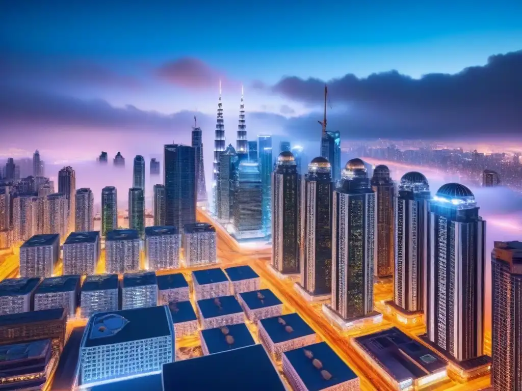 Metrópolis futurista: Integración de tecnología en bienes raíces Una ciudad futurista de noche con rascacielos brillantes y tecnología avanzada, fusionando real estate y PropTech internacionalmente