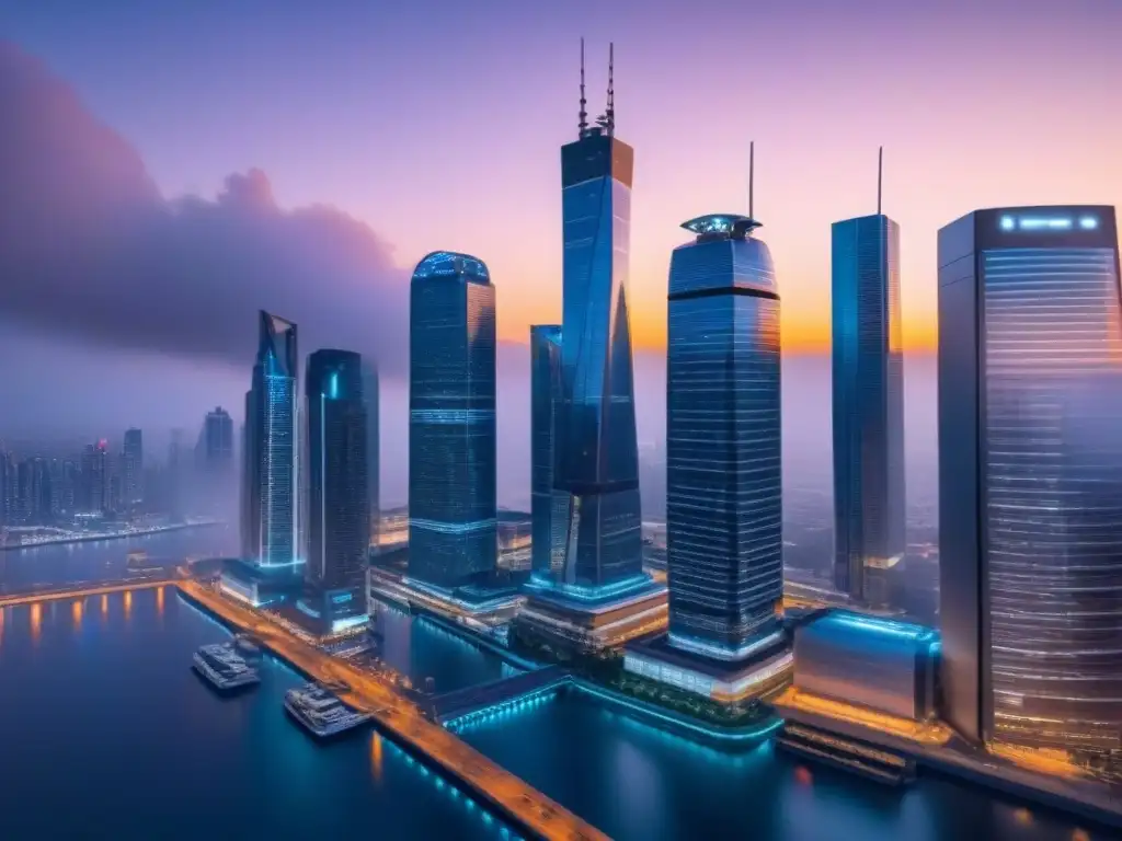 Metropolis futurista: PropTech innovador en la vida real Una ciudad futurista de noche con rascacielos brillantes y sistemas PropTech avanzados, mostrando eficiencias en sistemas PropTech internacionales