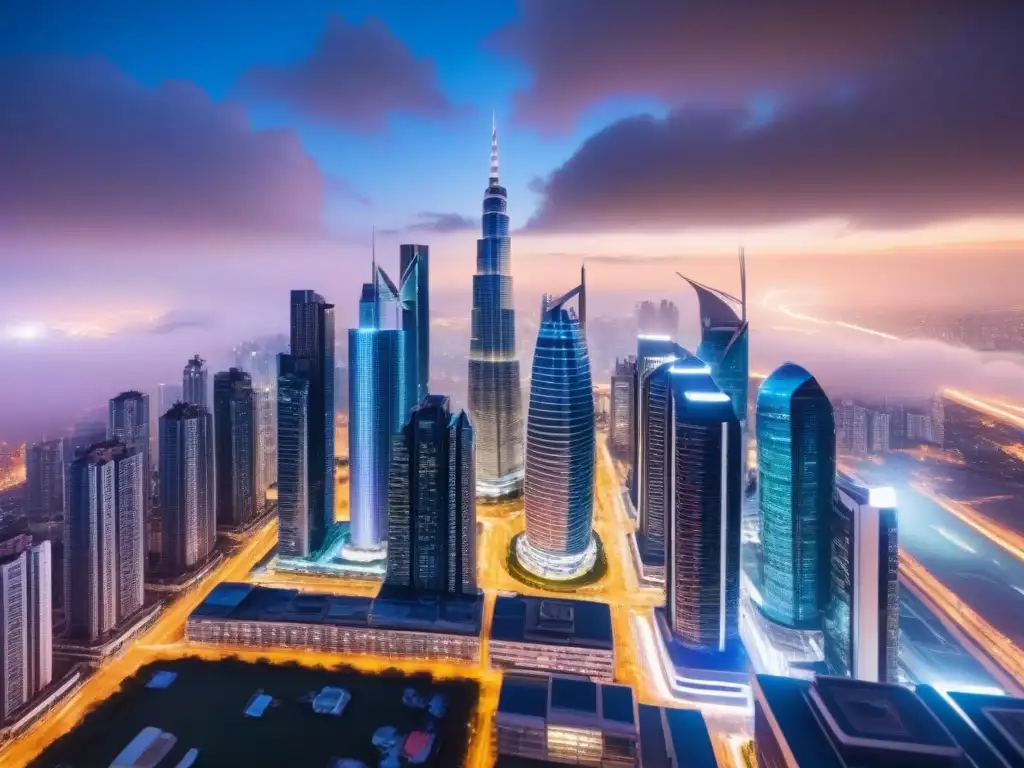 Fotografía de una ciudad futurista de noche, con rascacielos iluminados y vibrantes luces