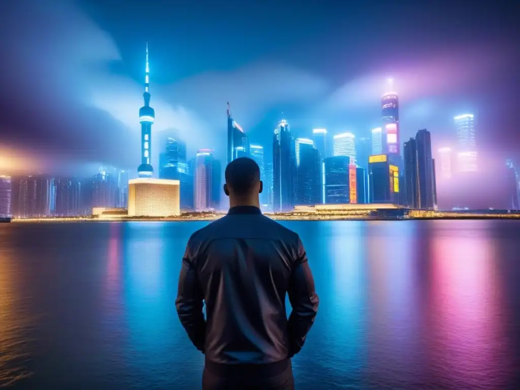 Metrópolis futurista: M&A global en neón Una ciudad futurista de noche con rascacielos iluminados por luces de neón, reflejándose en el agua
