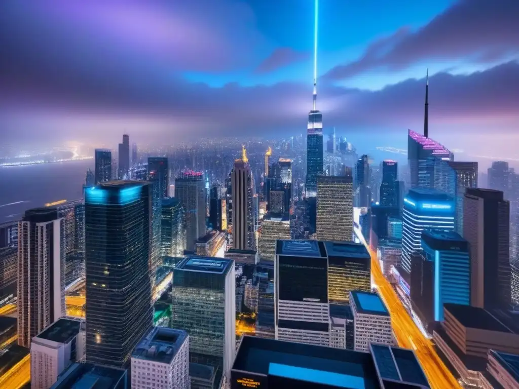 Metrópolis futurista: luces neón en la noche La ciudad futurista nocturna, iluminada por luces neón vibrantes entre rascacielos y personas de traje, revela secretos de inversión comercial global