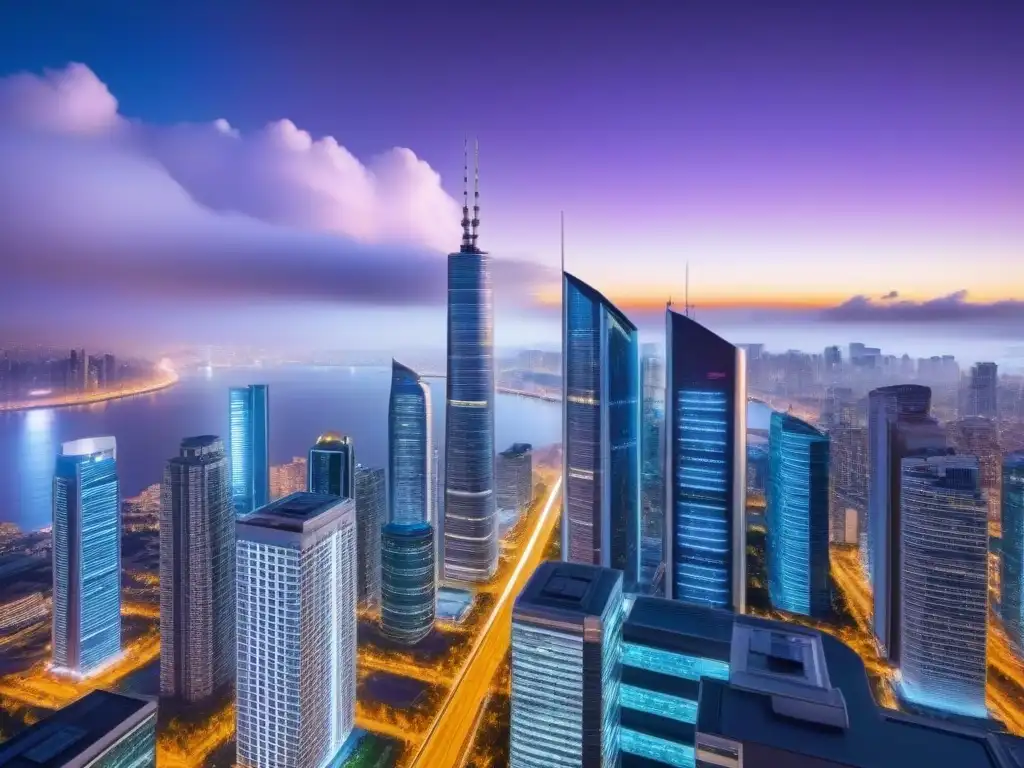 Metrópolis futurista con tecnología PropTech innovadora Ciudad futurista nocturna con soluciones PropTech integradas en paisaje urbano, drones, vehículos autónomos y datos inmobiliarios en tiempo real