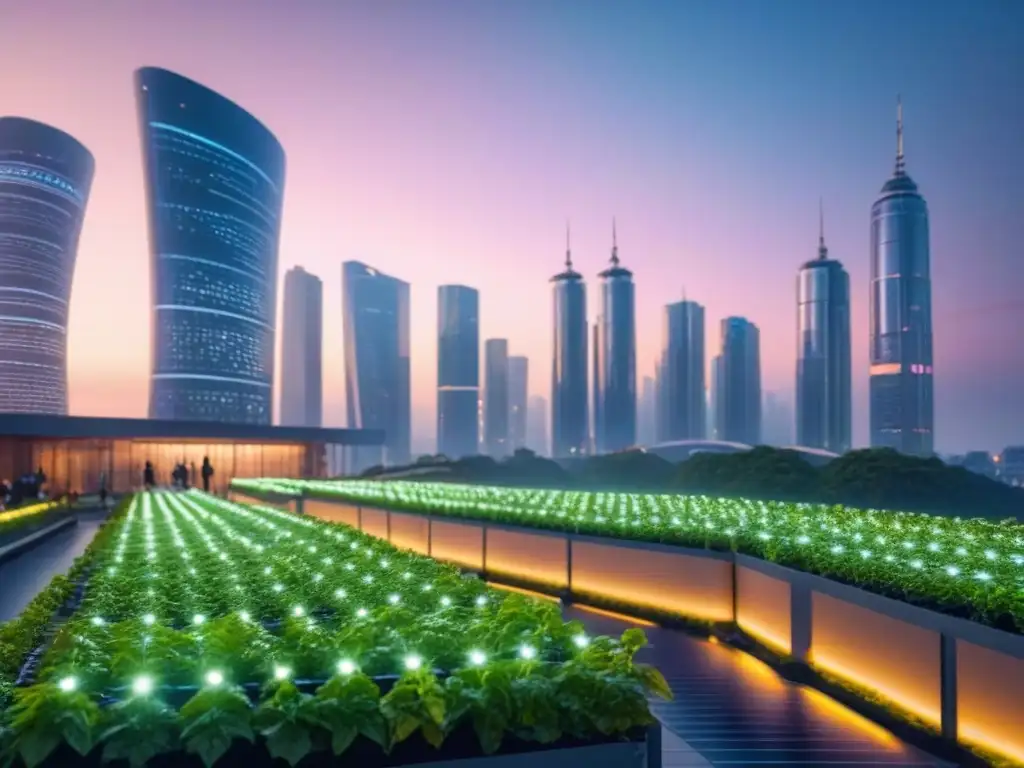 Horizonte urbano sostenible: Ciudad futurista eco-friendly al atardecer Ciudad futurista con normativas construcción eficiencia energética: rascacielos solares, vegetación en techos e iluminación LED