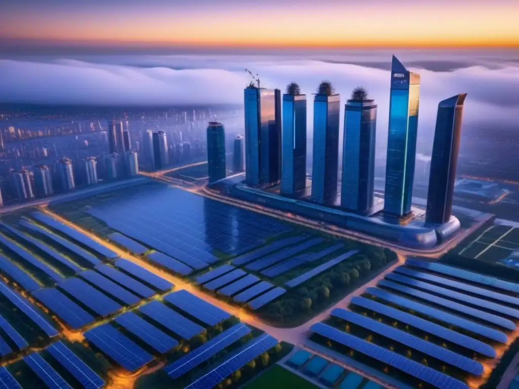 Metrópolis futurista sostenible al atardecer Una ciudad futurista con normativas seguridad mercado inmobiliario internacional