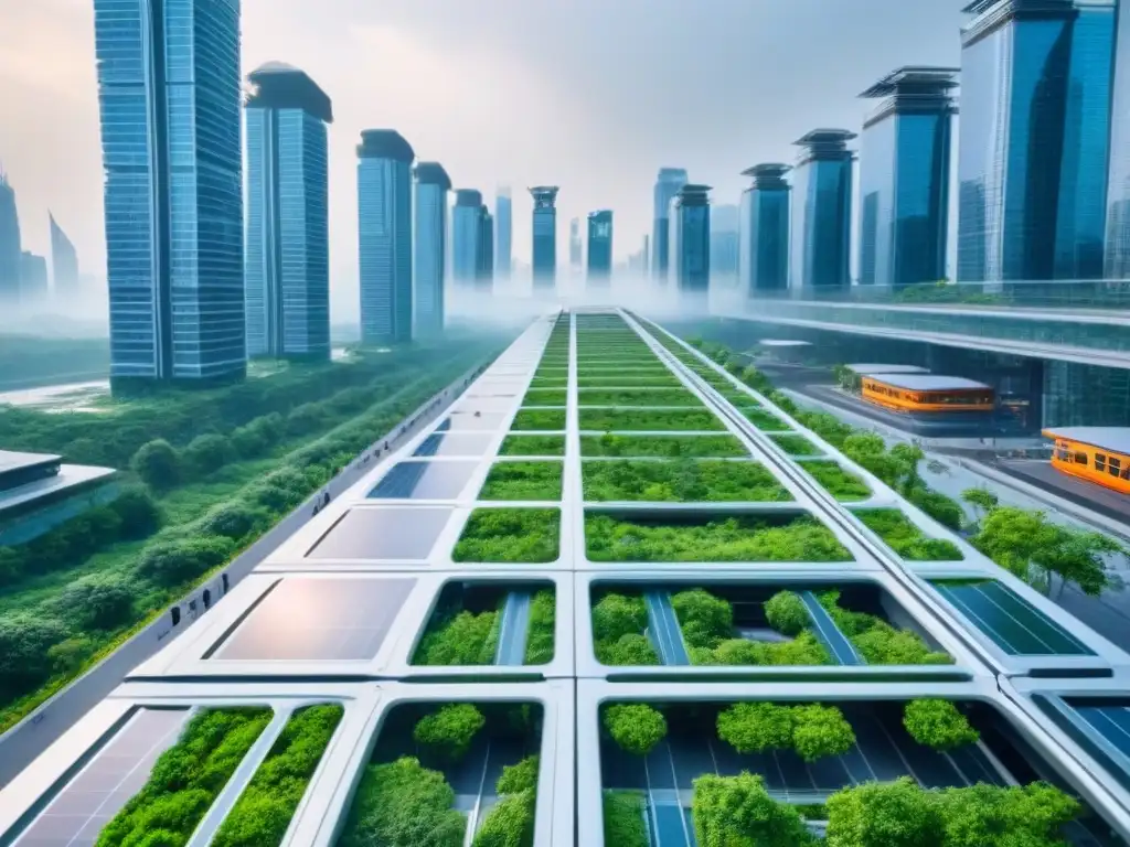 Metrópolis futurista: arquitectura innovadora y naturaleza sostenible Una ciudad futurista postindustrial con innovadores edificios y naturaleza, reflejando Inversiones inmobiliarias internacionales postindustriales