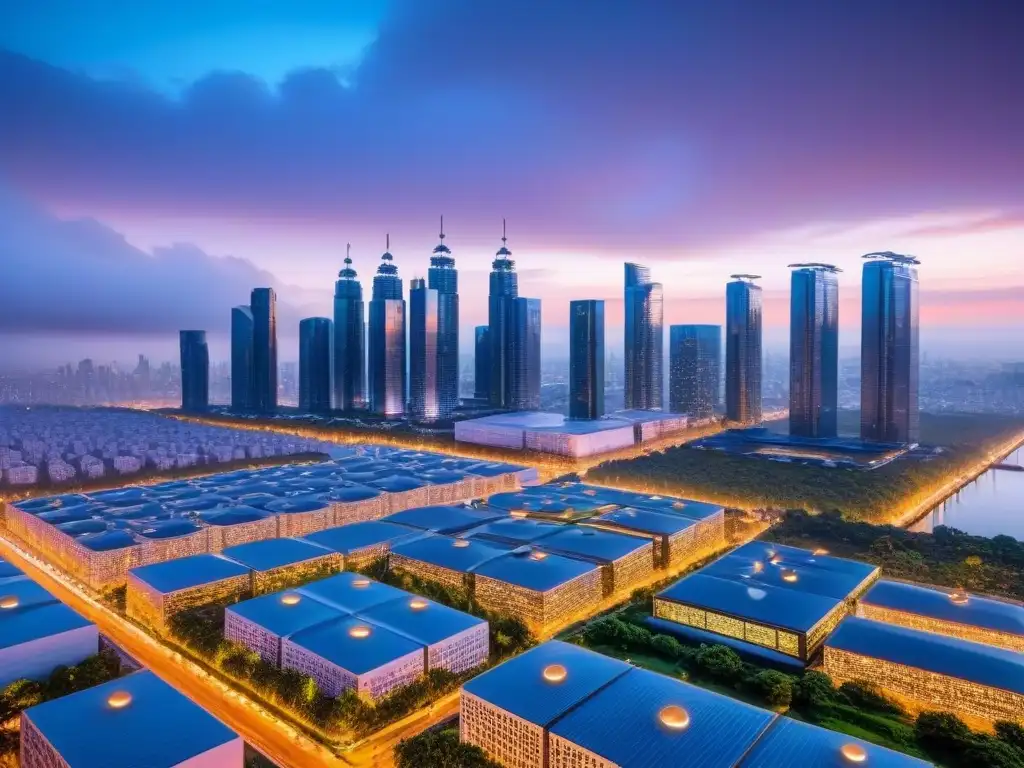 Metrópolis futurista: seguridad avanzada y naturaleza urbana Ciudad futurista al anochecer con prevención catástrofes en bienes raíces: drones, sensores y hologramas en edificios eco-amigables