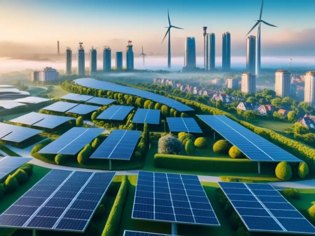 Horizonte futurista sostenible en 8K: ciudad ecoamigable Una ciudad futurista con propiedades sostenibles, paneles solares, turbinas eólicas, autos eléctricos y calles arboladas