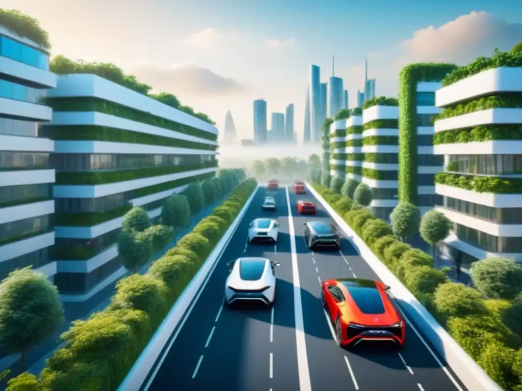 Ciudad futurista eco-sostenible: arquitectura verde y alta tecnología Ciudad futurista con propiedades verdes: rascacielos con jardines, paneles solares y autos eléctricos en calles arboladas