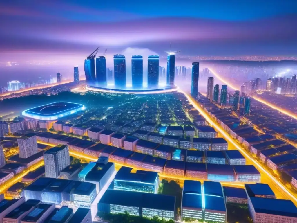 Metrópolis futurista: luces neón en la noche Una ciudad futurista con rascacielos de alta tecnología, calles llenas de vehículos autónomos y espacios verdes
