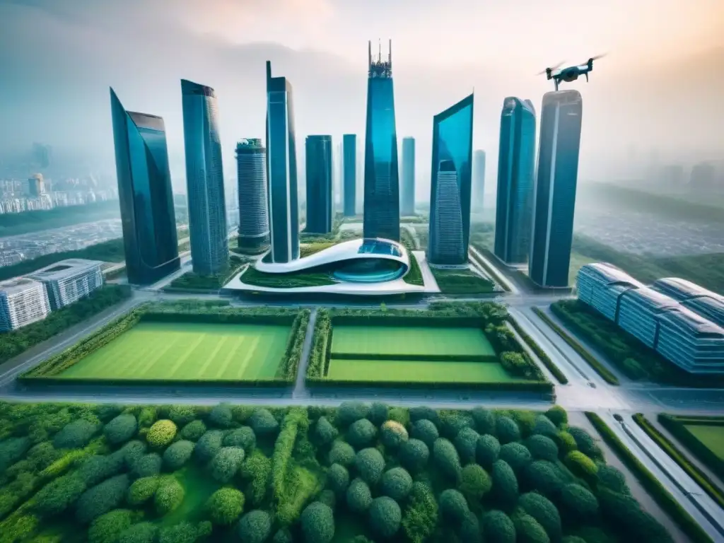 Metrópolis futurista: arquitectura avanzada y naturaleza integradas Una ciudad futurista con rascacielos de alta tecnología integrados con espacios verdes y una infraestructura inteligente, mostrando una fusión armoniosa de tecnología y naturaleza en el paisaje urbano