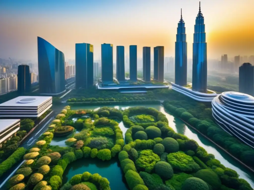 Metrópolis futurista: armonía entre naturaleza y arquitectura moderna Una ciudad futurista con rascacielos y vegetación, reflejando la armonía entre naturaleza y arquitectura moderna