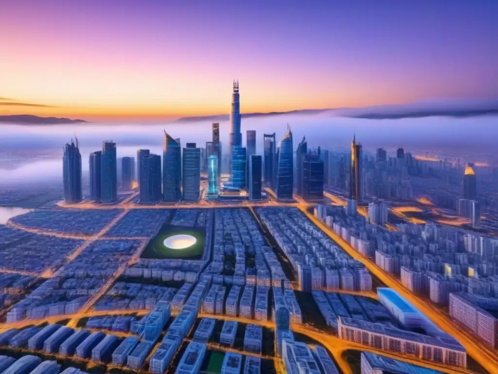 Una ciudad futurista al anochecer, con rascacielos brillantes y drones de IA