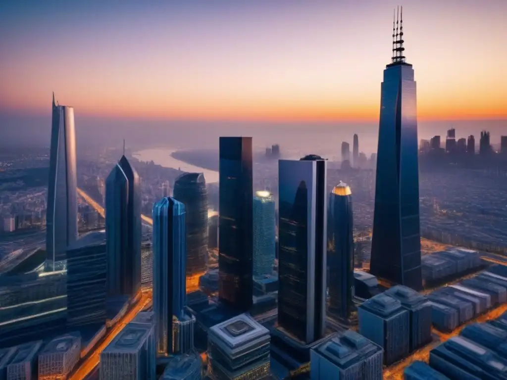 Una ciudad futurista al anochecer, con rascacielos brillantes y una calle abarrotada, bañada por la luz del sol poniente